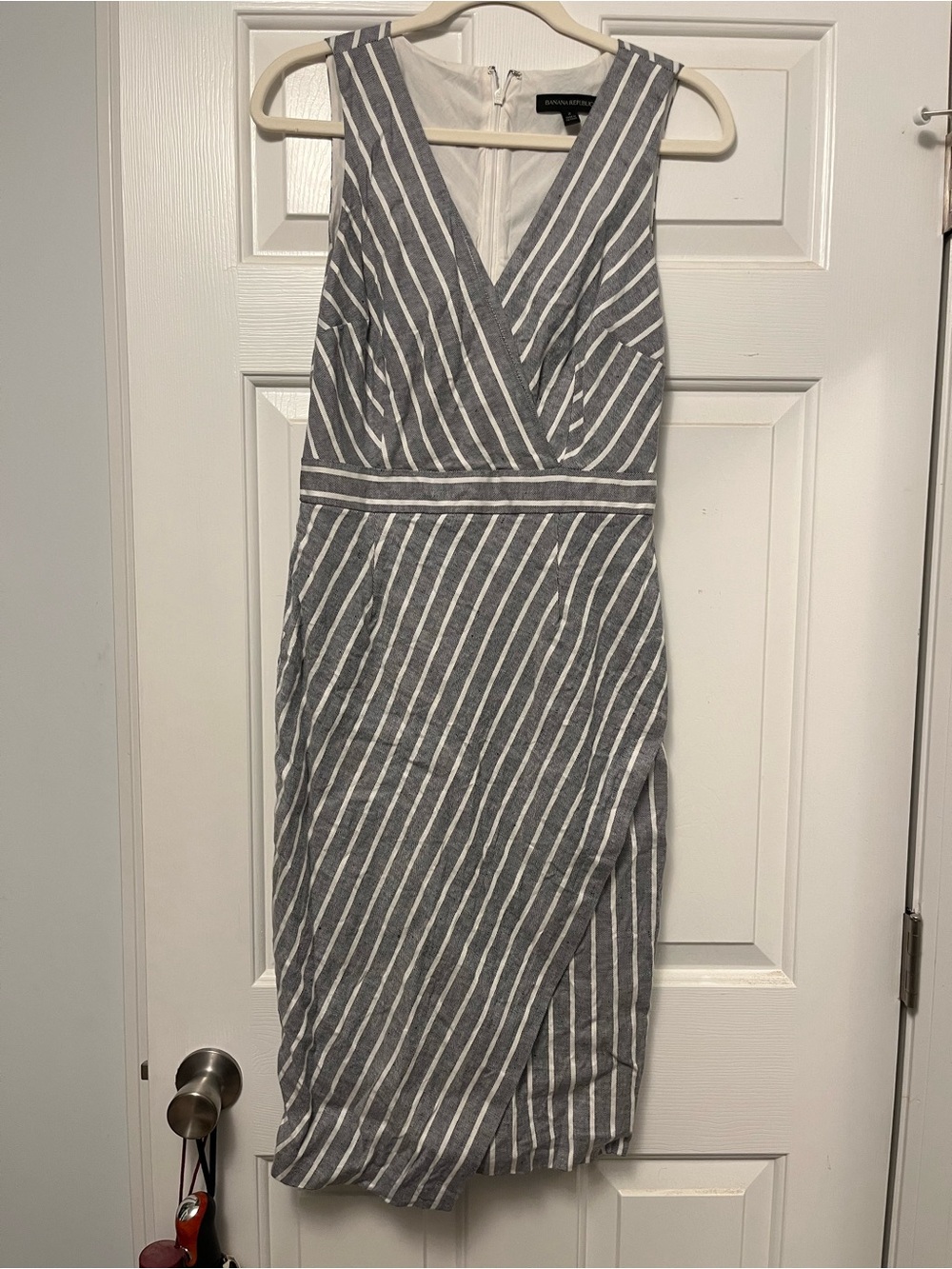 Grey and White Striped Wrap Midi Dress by Banana Republic